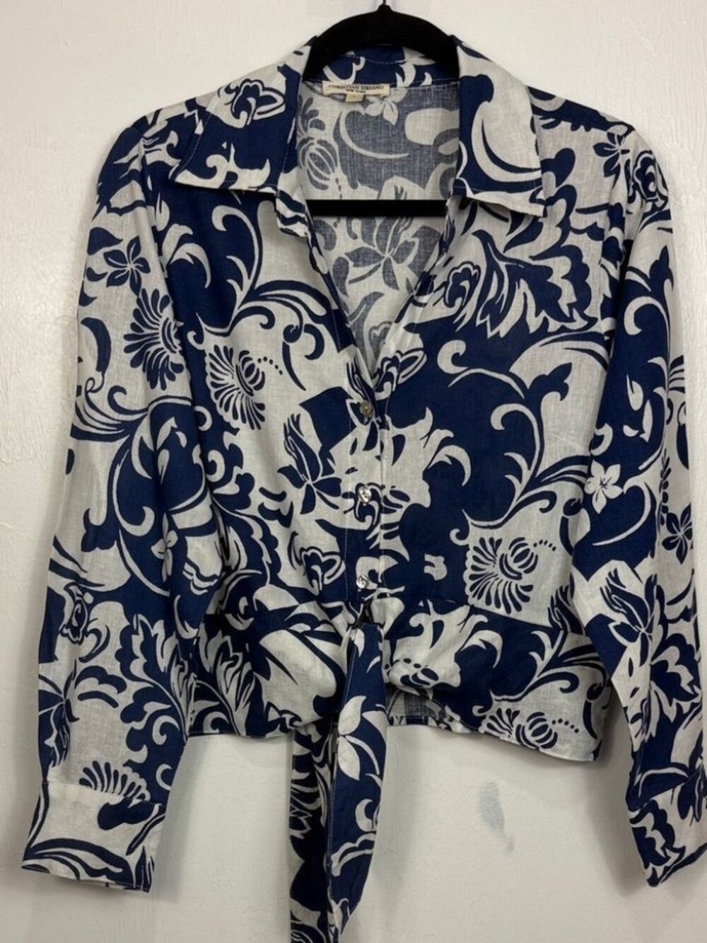 Christian Siriano Blue White Floral Tie Front Linen Blend Top Size L - Picture 2 of 6